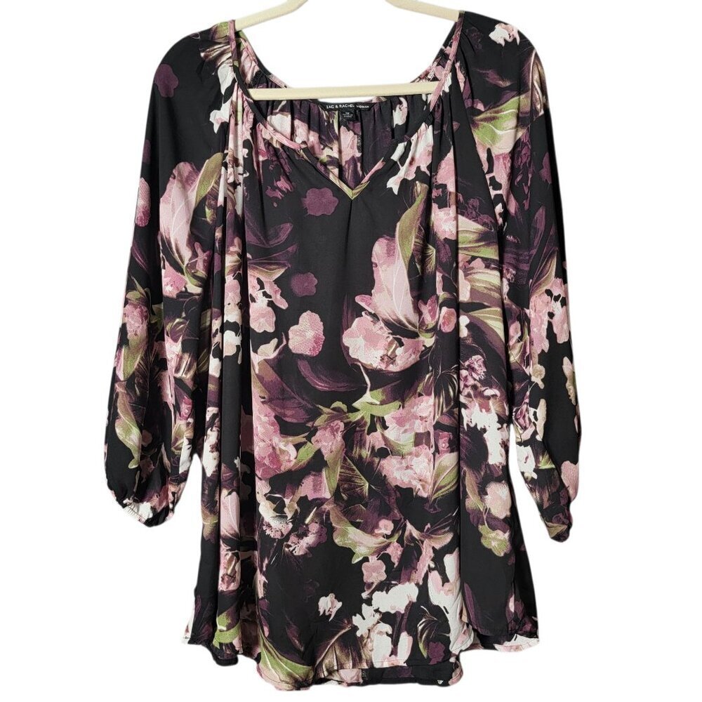 Zac & Rachel Women's Black Fairy Grunge Floral Pleated Chiffon Flowy Work Top 3X